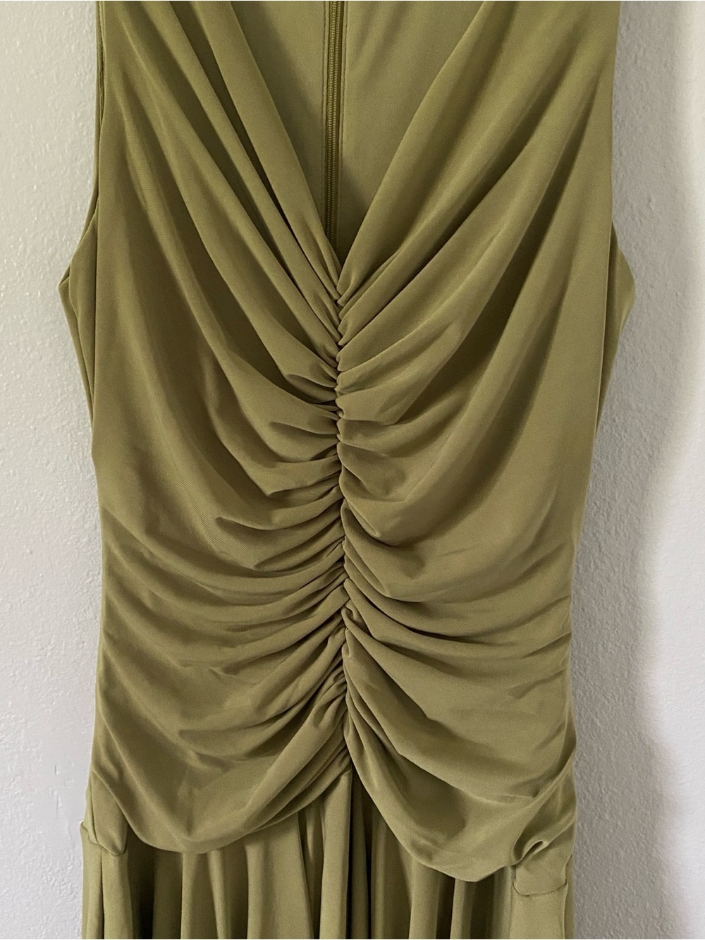Sleeveless Olive Green Ruched V-Neck Dress - Picture 4 of 4